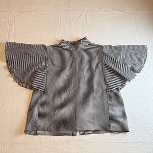 WHIT Black White Striped Blouse Back Button Closure Flutter Sleeves Size S